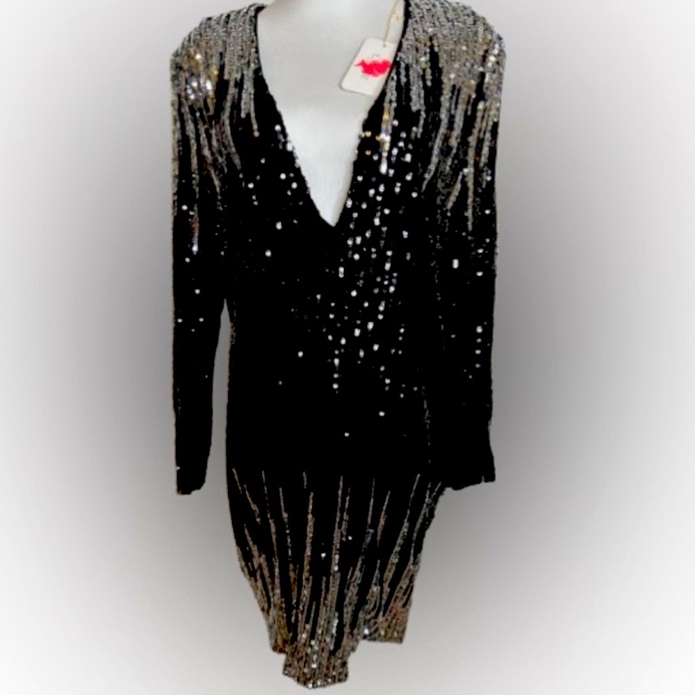 L'ATISTE Black and Silver Sequins Zippered Dress